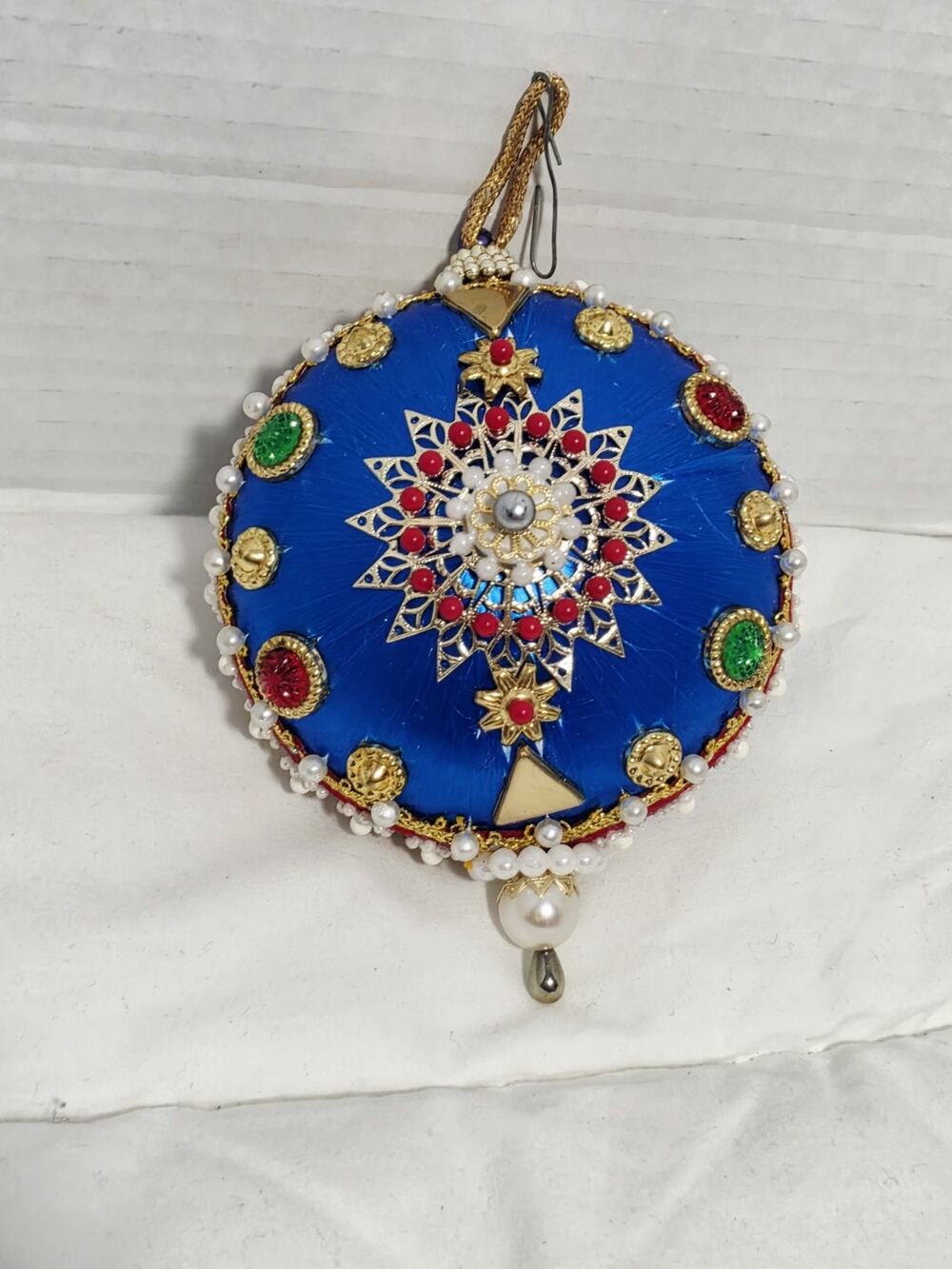 The Cracker Box Inc Christmas Ornament JOan Brooch Blue Beaded Pined Satin Vtg